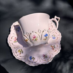 Vintage 50s Mid Century MCM H&C Czech Porcelain Pink Demi Cup Saucer Espresso